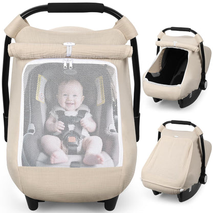 Car Seat Cover Baby, Muslin Infant Carseat Canopy with Mesh Window