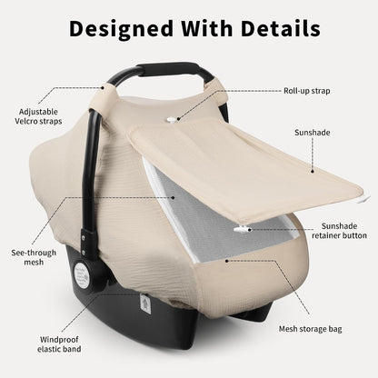 Car Seat Cover Baby, Muslin Infant Carseat Canopy with Mesh Window