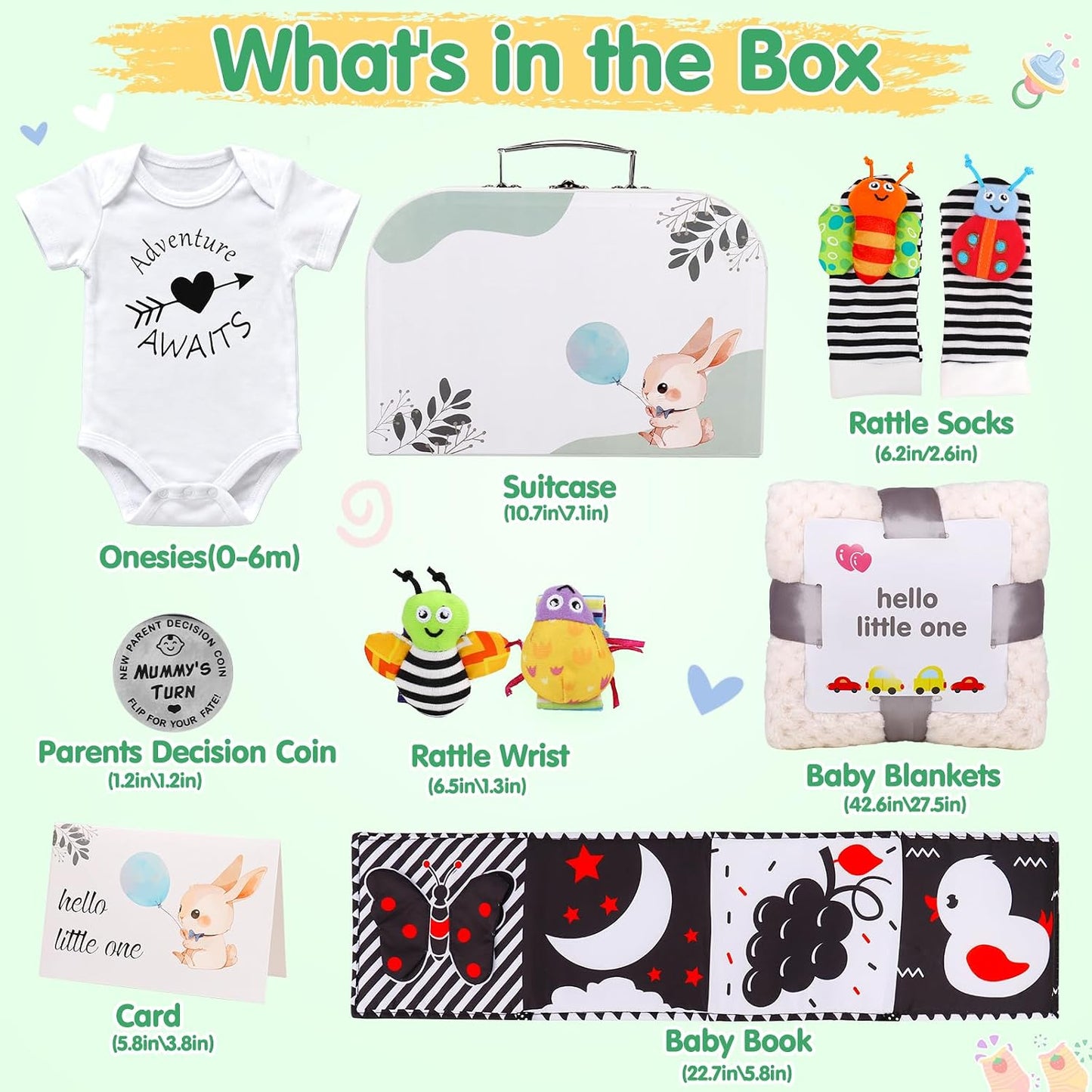 Baby Shower Gifts Basket for Newborn Baby Boy Girl Gender Reveal with Newborn Essentials Baby Rattles Blanket Onesie Black and White High Contrast Baby Book Toys 0-6 Months Baby Girls Boys Shower Gift