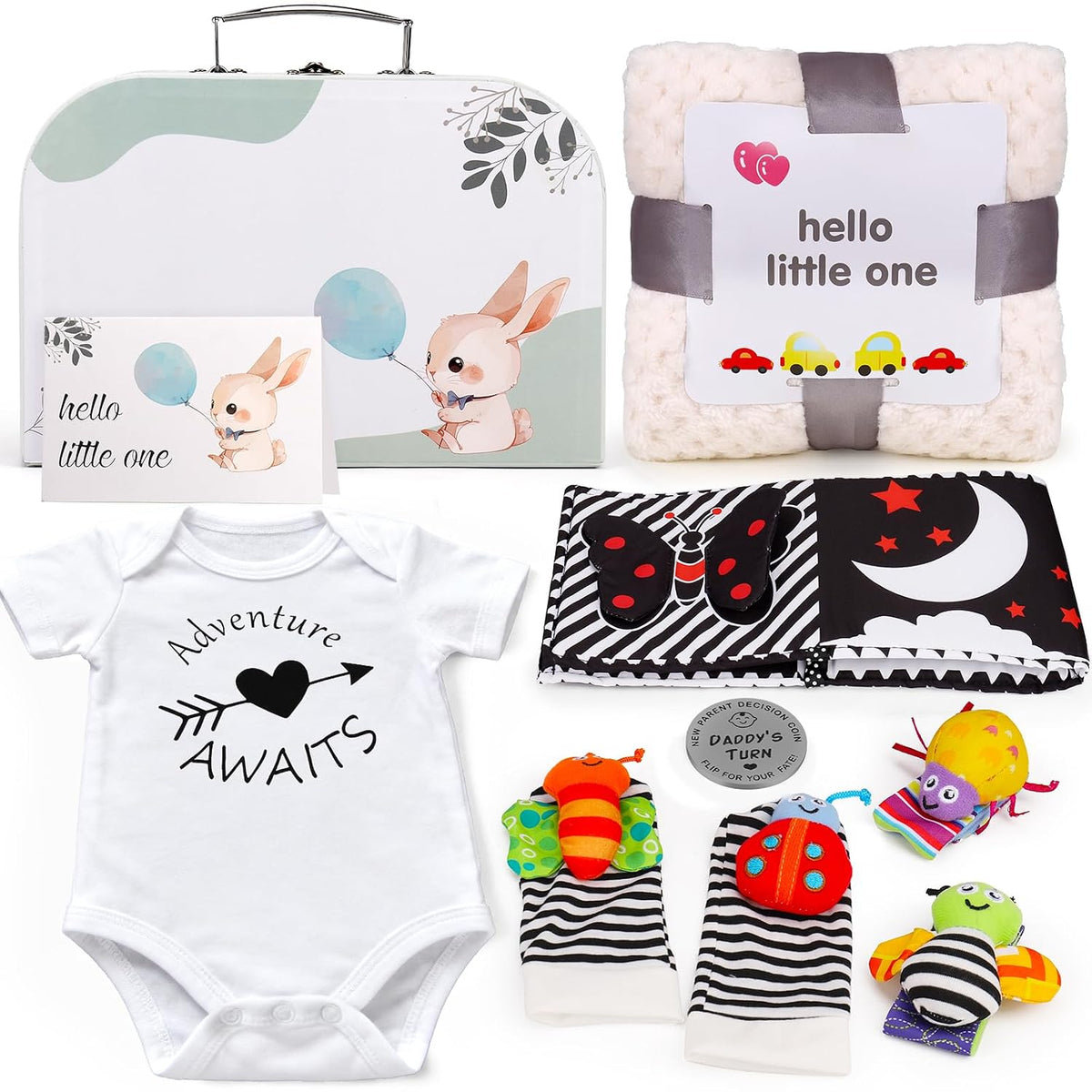 Baby Shower Gifts Basket for Newborn Baby Boy Girl Gender Reveal with Newborn Essentials Baby Rattles Blanket Onesie Black and White High Contrast Baby Book Toys 0-6 Months Baby Girls Boys Shower Gift