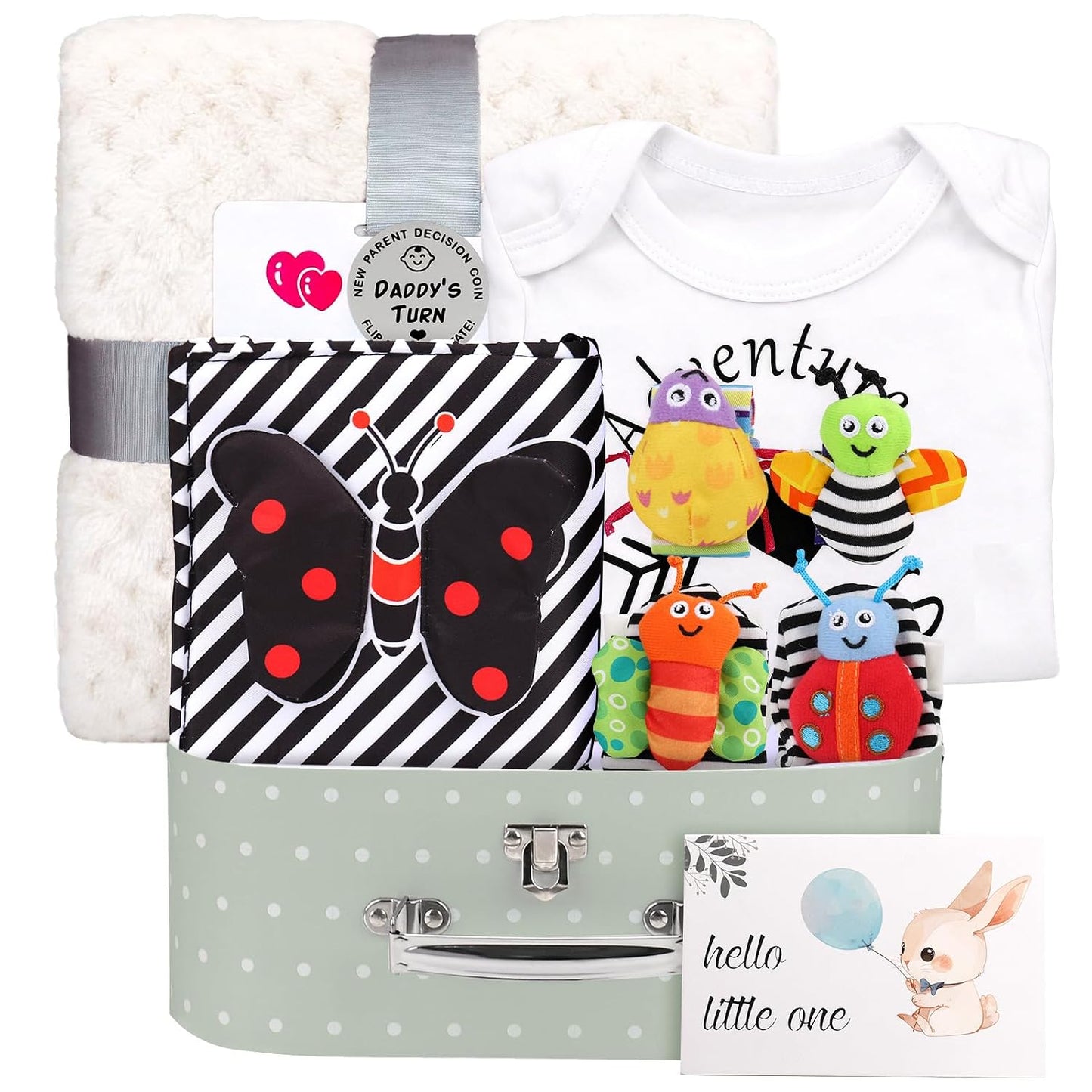 Baby Shower Gifts Basket for Newborn Baby Boy Girl Gender Reveal with Newborn Essentials Baby Rattles Blanket Onesie Black and White High Contrast Baby Book Toys 0-6 Months Baby Girls Boys Shower Gift